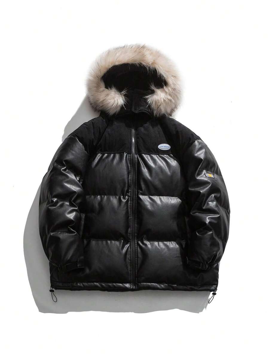 Men Letter Patched Fuzzy Trim Hooded Padded Coat - Black - View 1