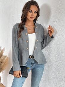 SHEIN Clasi 人字形圖案雙排釦荷葉邊下擺花呢外套 - 黑色 - 查看 2