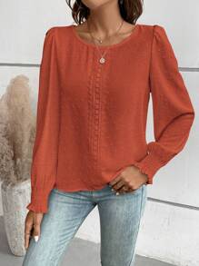 EMERY ROSE 瑞士圆点花边蕾丝嵌件灯笼袖衬衫、长袖上衣 - 鏽棕色 - 查看 6