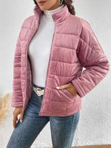 SHEIN LUNE Áo khoác đệm vai thả khóa kéo - Bụi hồng - Xem 3