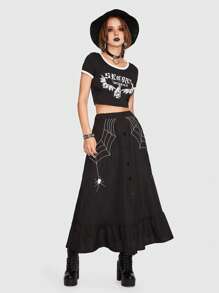 ROMWE Goth 蜘蛛網印花荷葉邊半身裙 - 黑色 - 查看 2