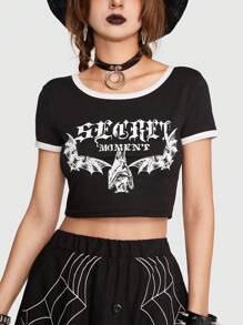 ROMWE Goth 字母圖案撞色滾邊短款T恤 - 黑與白 - 查看 1