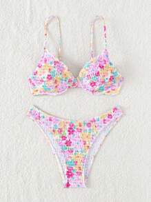 Swim Mod Summer Beach Floral Print Smocked Underwire Bikini Set - Multicolor - View 4
