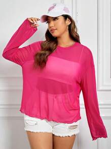 SHEIN EZwear Plus Solid Drop Shoulder Mesh Top Without Cami - Hot Pink - View 3