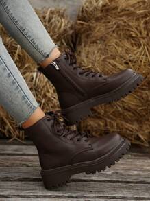 女士时尚战斗靴，圆头系带侧拉链踝靴，多功能户外防滑鞋 - 棕色 - 查看 4