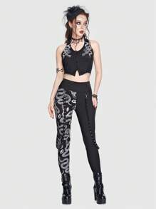 ROMWE Goth Snake Print Straps Detail Leggings - Black - View 5