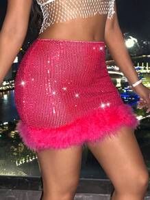 SHEIN SXY Fuzzy Trim Sequin Bodycon Skirt - Hot Pink - View 4