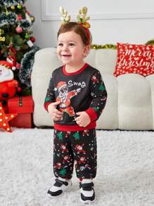 SHEIN Baby Boy Christmas Printed Color Block Sweatshirt & Jogger Pants Set