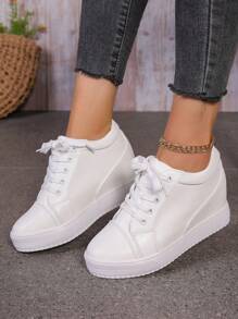 Damskie buty casualowe na wiosnę/jesień, buty skórzane w jednolitym kolorze, lekkie i wygodne, mokasyny na platformie z cienkim paskiem i koturnem - Biały - Zobacz 4