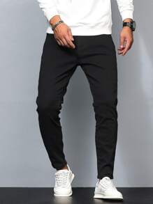 Manfinity Homme Męskie solidne obcisłe dżinsy, proste, dopasowane, ciemne dżinsy, długie, proste, czarne, sprane, cargo, dla męża, prezenty dla chłopaka