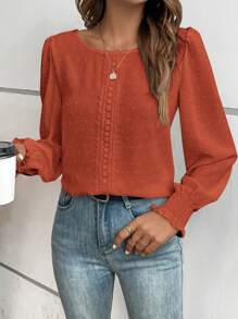 EMERY ROSE 瑞士圆点花边蕾丝嵌件灯笼袖衬衫、长袖上衣 - 鏽棕色 - 查看 3