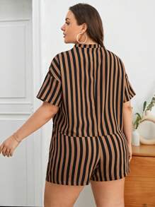 SHEIN Essnce Hơn In sọc Thả vai Áo & quần short - màu nâu - Xem 2