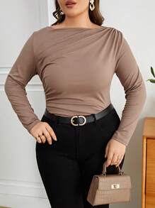 SHEIN Privé Talla grande Camiseta unicolor fruncido