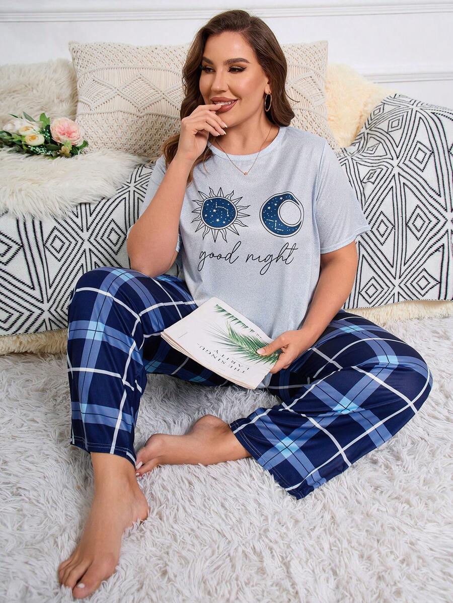 Plus Sun & Moon Print Tee & Plaid Print Pants PJ Set - Multicolor - View 1