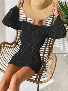 Hollow Out Drawstring Waist Off Shoulder Cover Up Dress Without Bikini Set Mini Short Women Outfit Fall Cloth For Women - Black - View 6