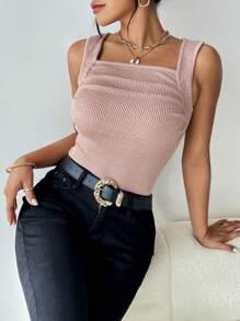 SHEIN Essnce Chất rắn Cổ vuông Áo ba lỗ - Bụi hồng - Xem 3