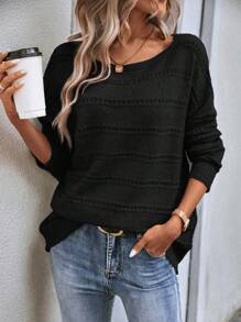 SHEIN LUNE Solid Drop Shoulder Pointelle Knit Sweater - Black - View 6