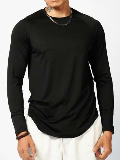 Manfinity Sport Corelite Boyfriend Style Men Solid Raglan Sleeve Curved Hem Sports Tee Long Sleeve Shirt Workout Tops Fall Fall Breathable