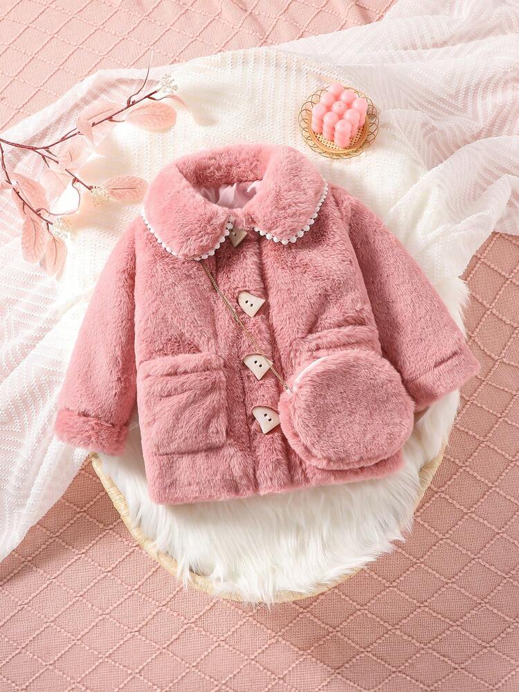 Baby Girl Dual Pocket Button Front Fuzzy Coat With Bag