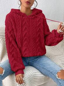 SHEIN Frenchy Drop Shoulder Drawstring Hoodie Christmas Winter New Year Red Burgundy Casual - Burgundy - View 4