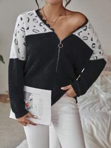 SHEIN LUNE Graphic Pattern Eyelash Lace Trim Drop Shoulder Cardigan - Black and White - View 7