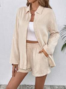 SHEIN VCAY Solid Button Front Shirt & Shorts - Apricot - View 5