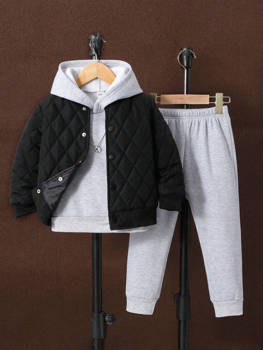 SHEIN 男小童素色前紐扣夾克和運動褲和運動褲 - 彩色 - 查看 1