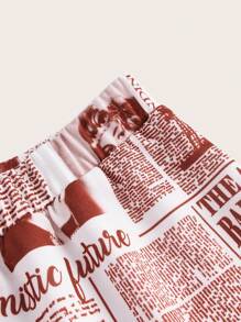 SHEIN ICON Newspaper Print Shorts - Maroon - View 3