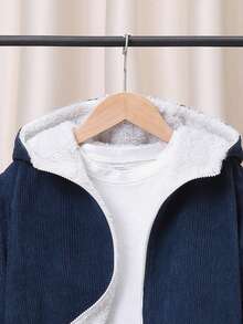 SHEIN Tween Boy Letter Patched Detail Teddy Lined Hooded Corduroy Coat Without Tee - Navy Blue - View 4