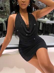 BamGleam Vestido ajustado con fruncido delantero de espalda abierta de cuello halter de malla