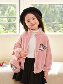 SHEIN 女小童獨角獸刺繡落肩袖毛絨夾克附包 - 淺粉色 - 查看 4