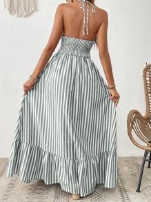 SHEIN VCAY Striped Print Cut Out Ruffle Hem Halter Dress