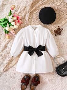 Đứa bé gái Nút phía trước Thắt lưng Tay áo lồng đèn Đầm - trắng - Xem 1