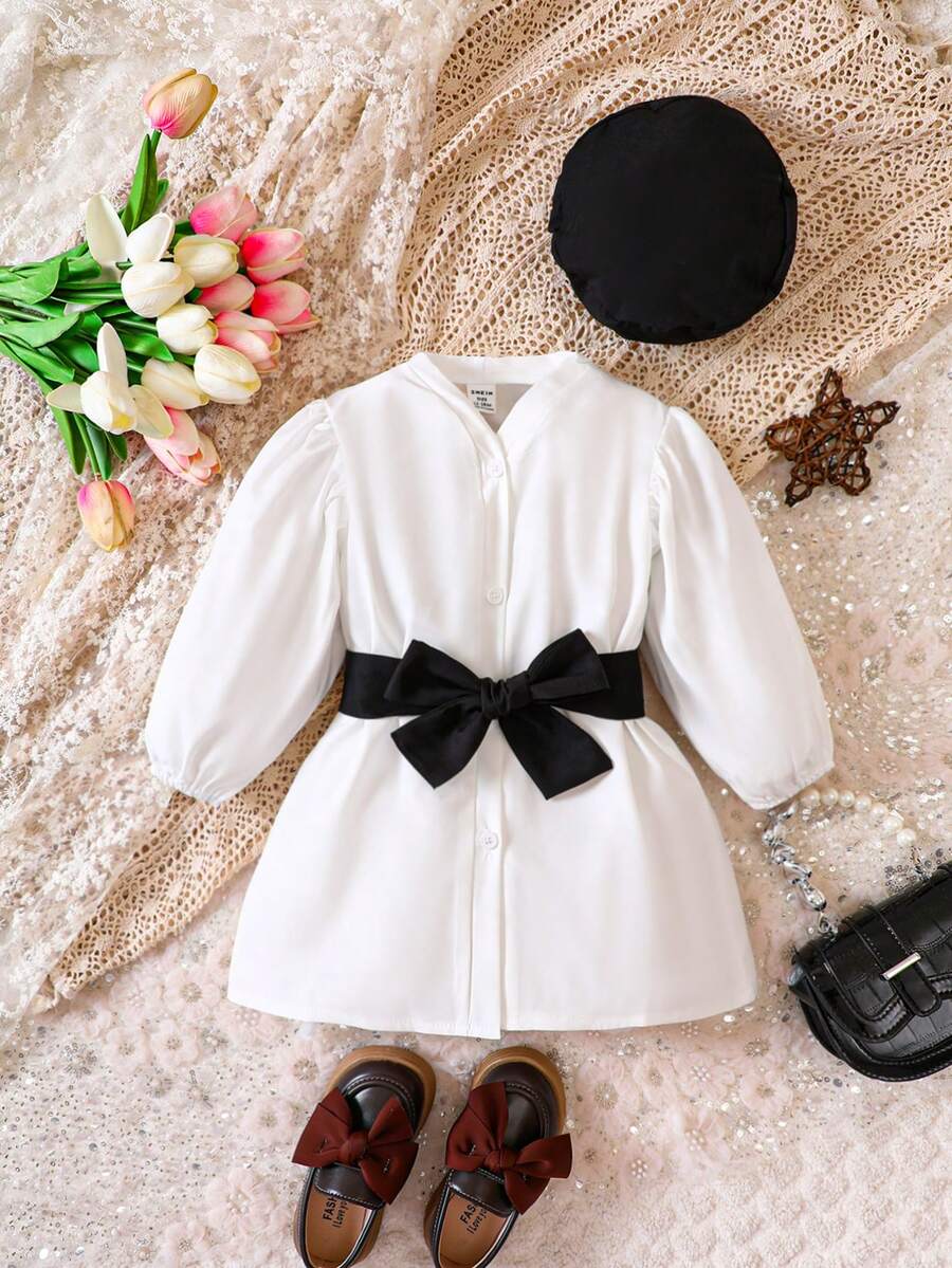 Đứa bé gái Nút phía trước Thắt lưng Tay áo lồng đèn Đầm - trắng - Xem 1