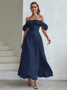 PARTHEA Vestido de hombros descubiertos pecho con fruncido de muslo con abertura