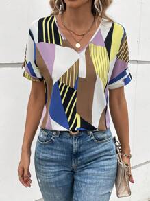 SHEIN LUNE Geo Print Batwing Sleeve Blouse - Multicolor - View 4