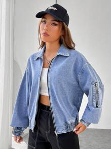 SHEIN EZwear Dây kéo Thả vai Áo khoác denim - Rửa nhẹ - Xem 6