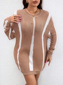 SHEIN LUNE Talla grande Jersey de color combinado de hombros caídos desgarro