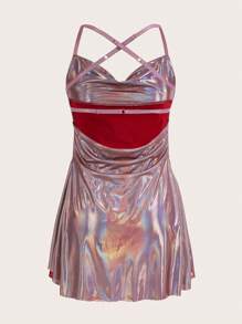 SHEIN ICON cổ áo xếp nếp Crisscross Backless Váy Dây - Đỏ - Xem 2