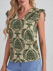 SHEIN LUNE Allover Print Ruffle Trim Blouse