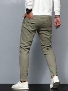 Manfinity Homme Men Solid Slant Pocket Skinny Jeans Slim Fit Long Washed Skater Jean Cargo Plain Olive Green Work Business Casual Husband - Olive Green - View 2