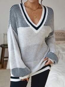 SHEIN LUNE 條紋圖案落肩袖套頭毛衣 - 彩色 - 查看 4