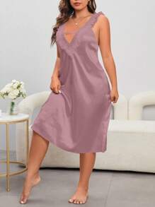 SHEIN Plus Contrast Lace Cut Out Pajama Nightdress - Dusty Pink - View 3