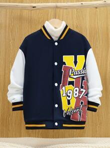 SHEIN Tween Boy Letter Graphic Striped Trim Drop Shoulder Varsity Jacket Without Sweater - Multicolor - View 3