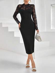 SHEIN Privé Contrast Lace Mock Neck Bodycon Dress - Black - View 1