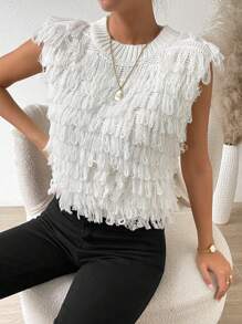 SHEIN Unity Solid Fringe Trim Sweater Vest - White - View 3