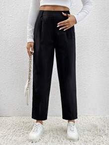 SHEIN PETITE 素色褶皺蘿蔔褲 - 黑色 - 查看 3