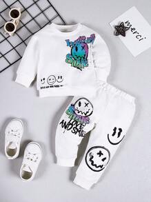 Baby Boy Cartoon & Letter Graphic Sweatshirt & Sweatpants - White - View 1