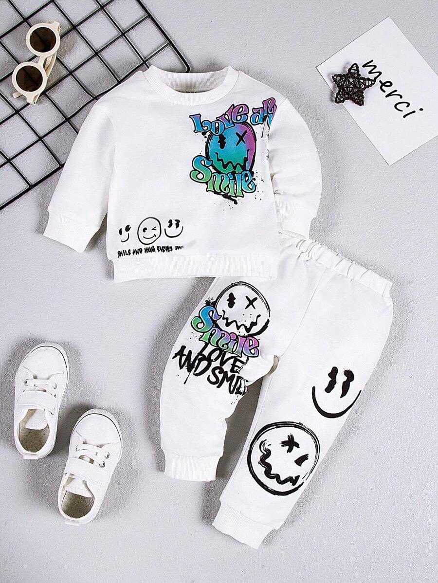Baby Boy Cartoon & Letter Graphic Sweatshirt & Sweatpants - White - View 1