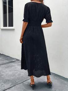 SHEIN VCAY 深V領荷葉袖高衩洋裝 - 黑色 - 查看 2